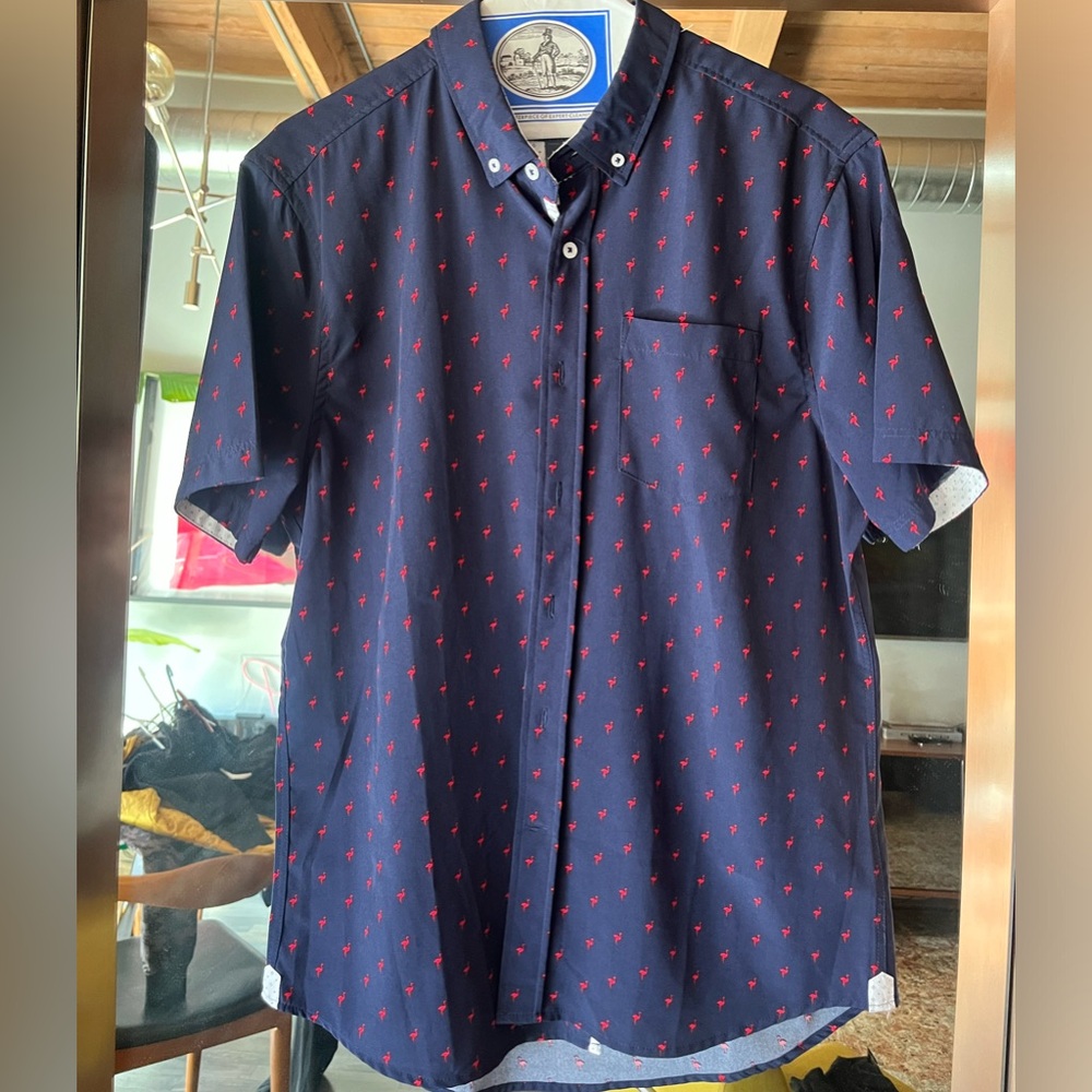 Navy blue Heritage Shirt with red flamingos! It is in perfect condition!